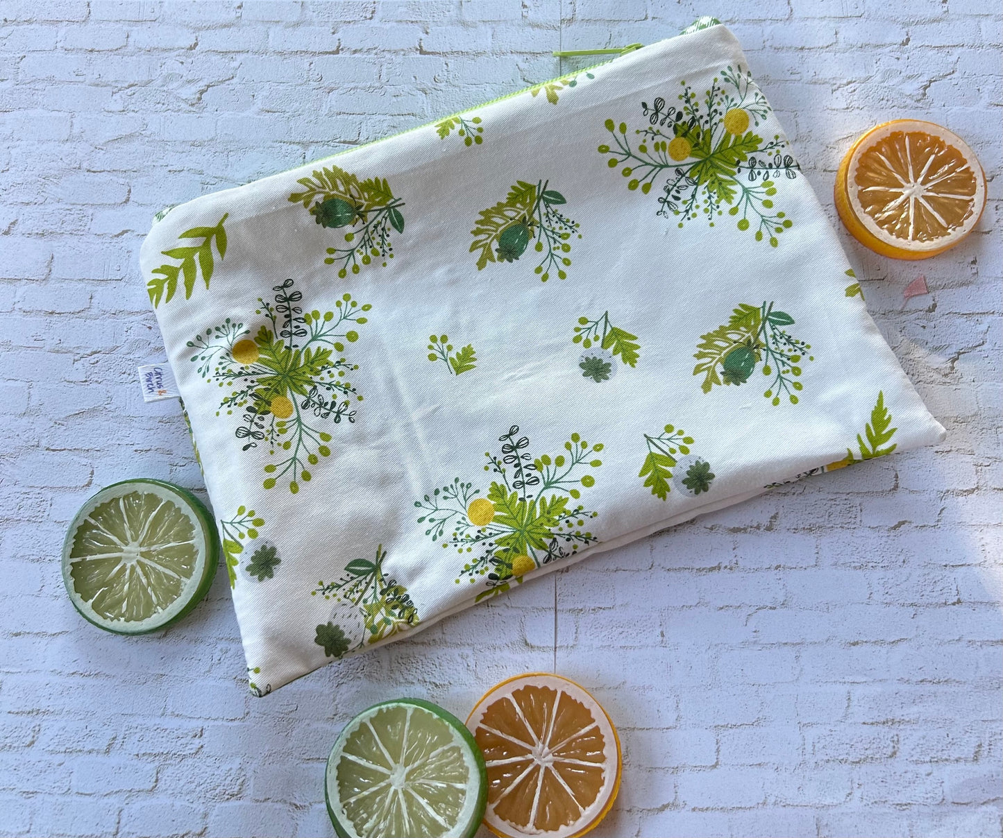 White and Green Floral Zipper Pouch